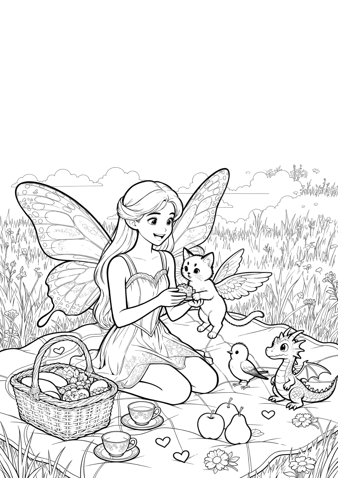 fairy picnic coloring page with fairy picnic basket baby dragon bird and winged kitten in bold outline line art for kids