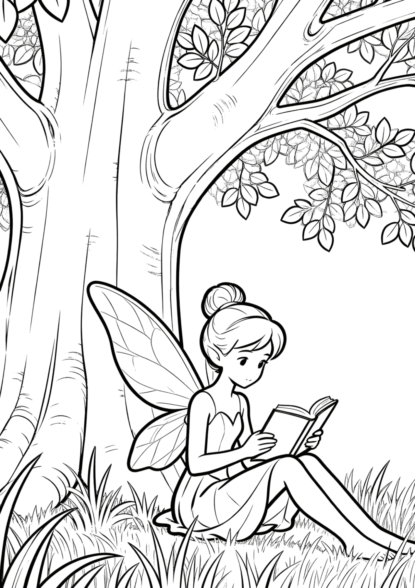 fairy reading a book coloring page under a tree with large wings in bold outline coloring book line art for kids