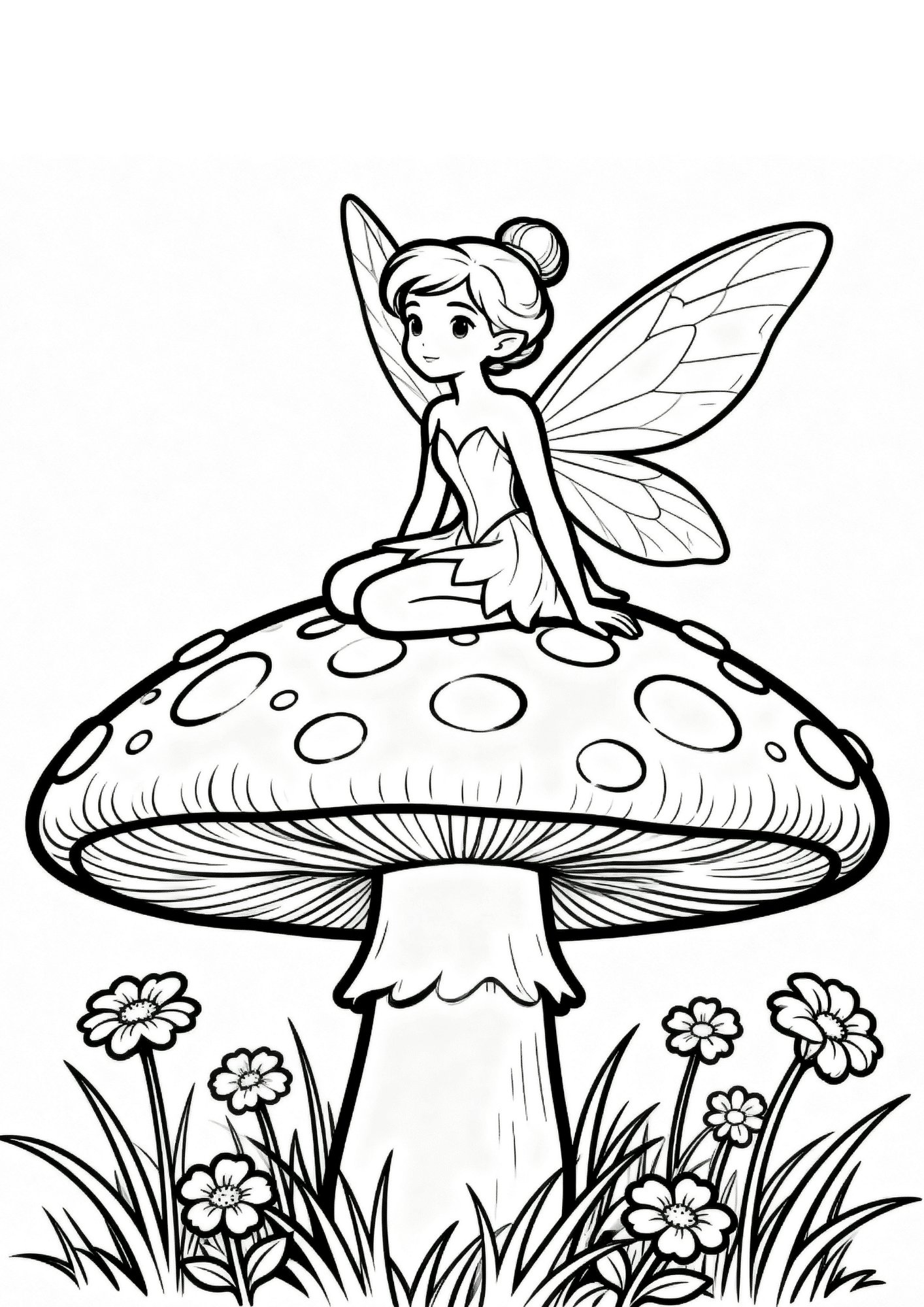 fairy coloring page showing a fairy sitting on a giant mushroom with flowers and grass in bold outline line art
