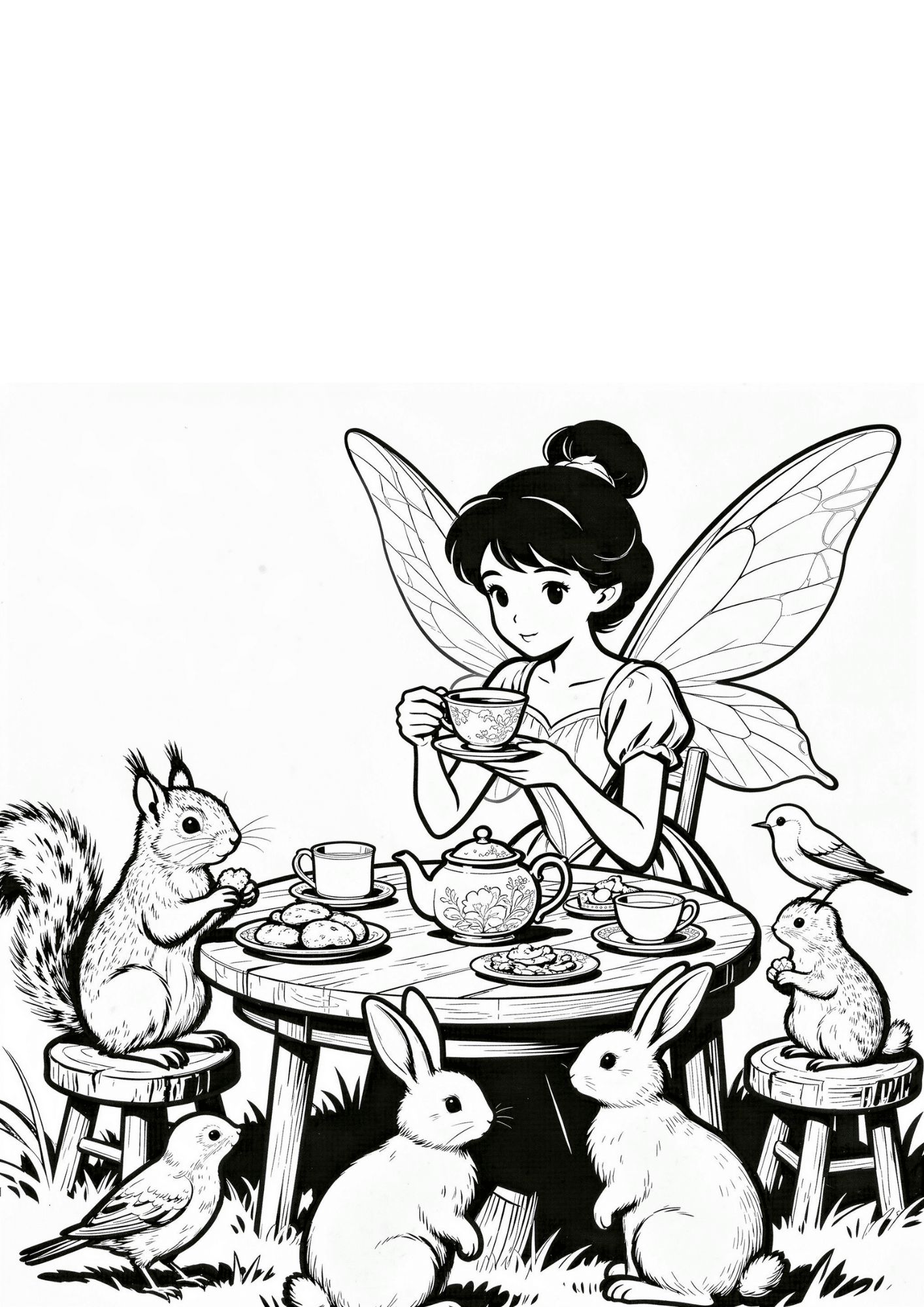 fairy tea party coloring page with woodland animals tea cups and fairy in bold outline coloring book line art