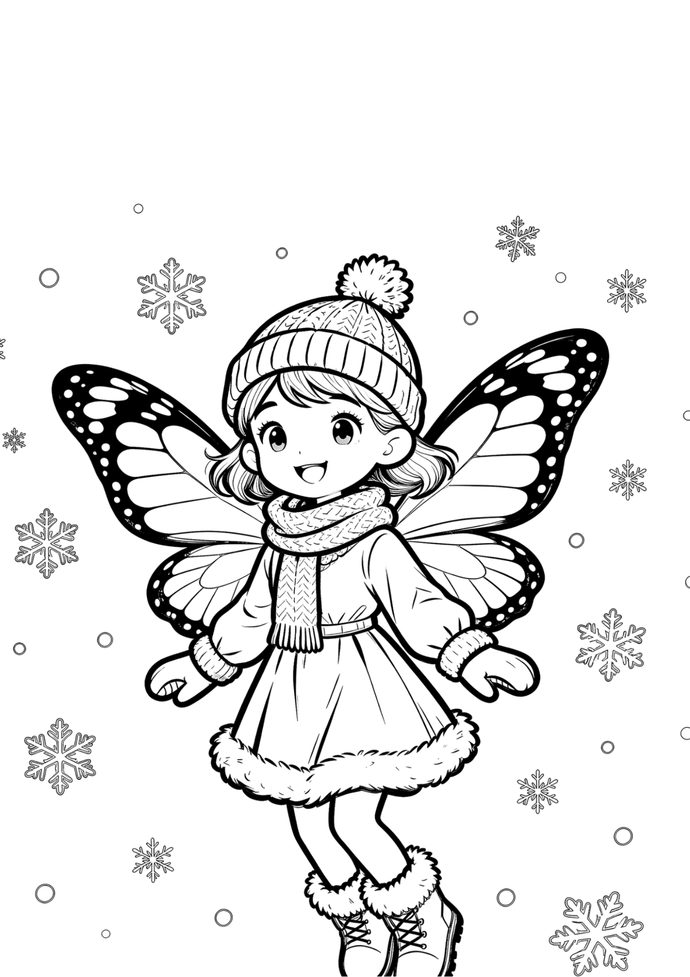 fairy winter coloring page with cozy hat scarf boots and snowflakes in bold outline line art for kids to color