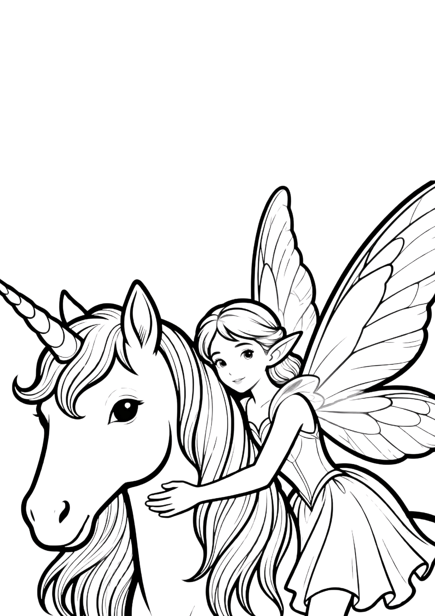 fairy with unicorn coloring page showing a magical fairy beside a unicorn in bold outline coloring book line art