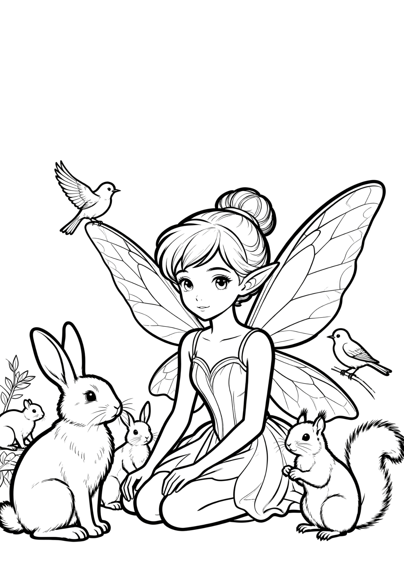 fairy with woodland animals coloring page featuring rabbits birds and squirrels in bold outline line art for kids