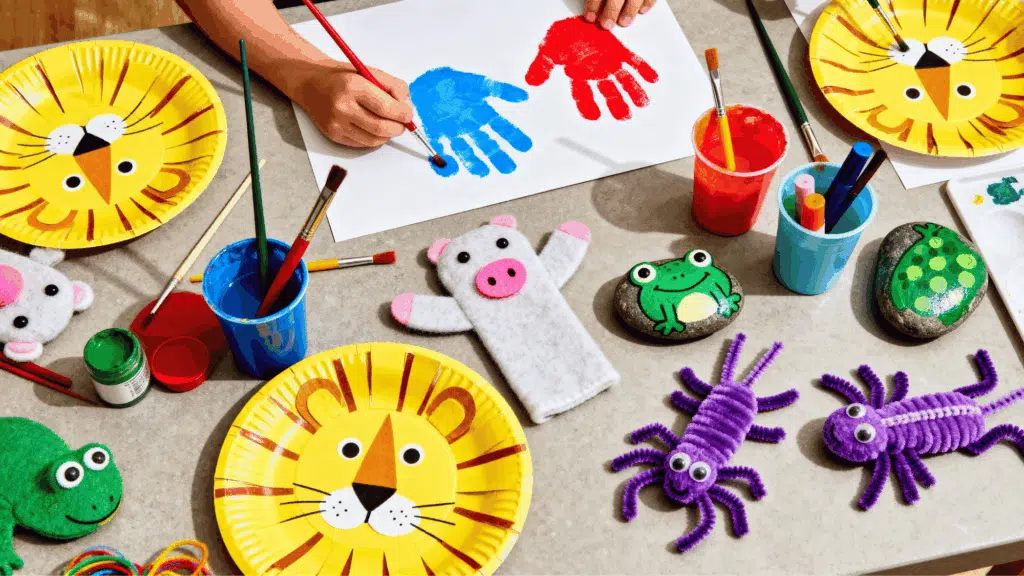 different types of animal crafts placed on the table with scattered supplies