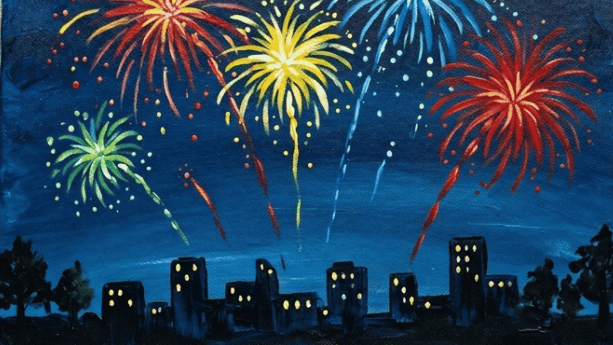 fireworks acrylic painting with bright bursts of color glowing night sky and festive celebration atmosphere