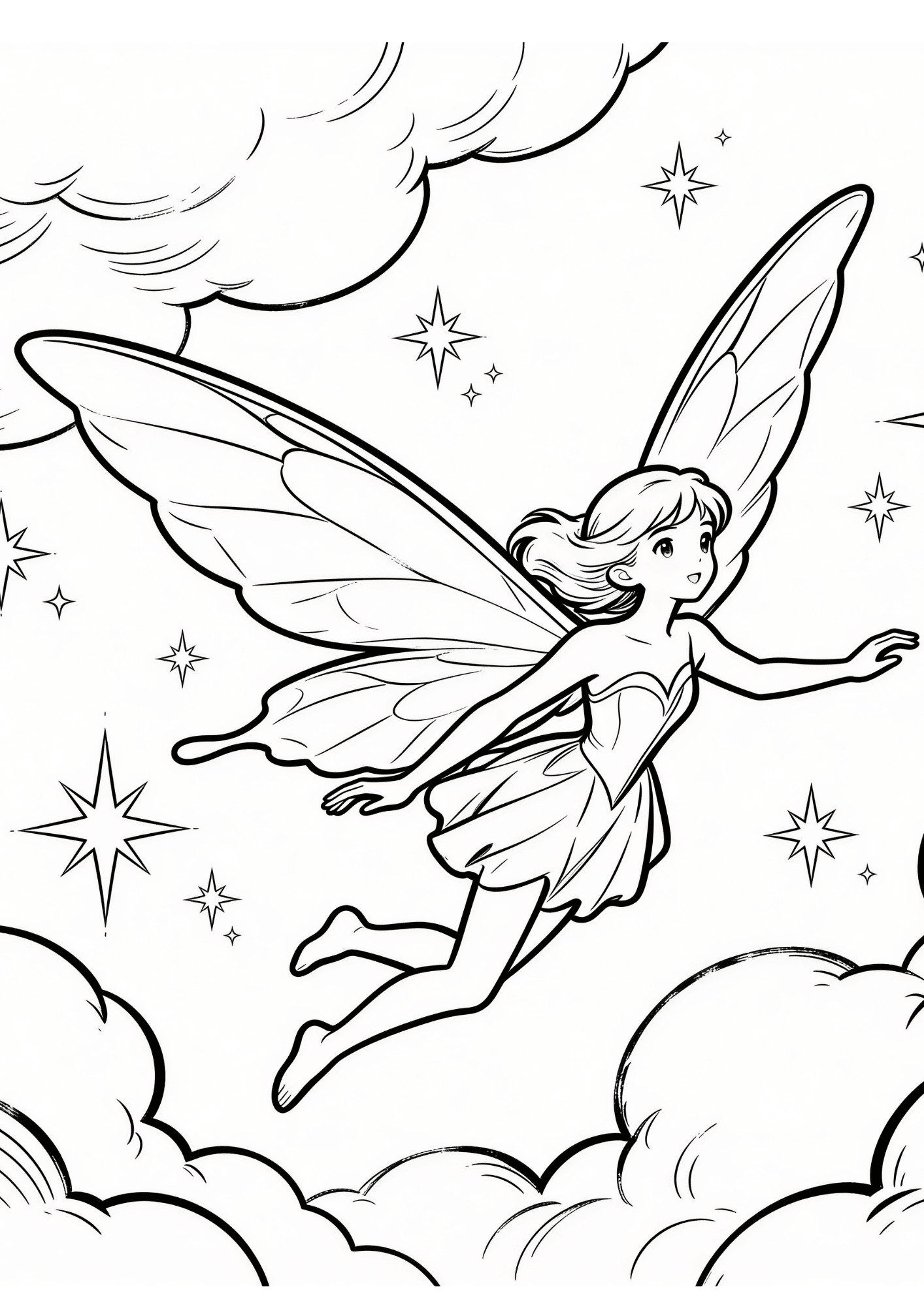 flying fairy coloring page with clouds stars and wide wings in bold black outline coloring book style for children