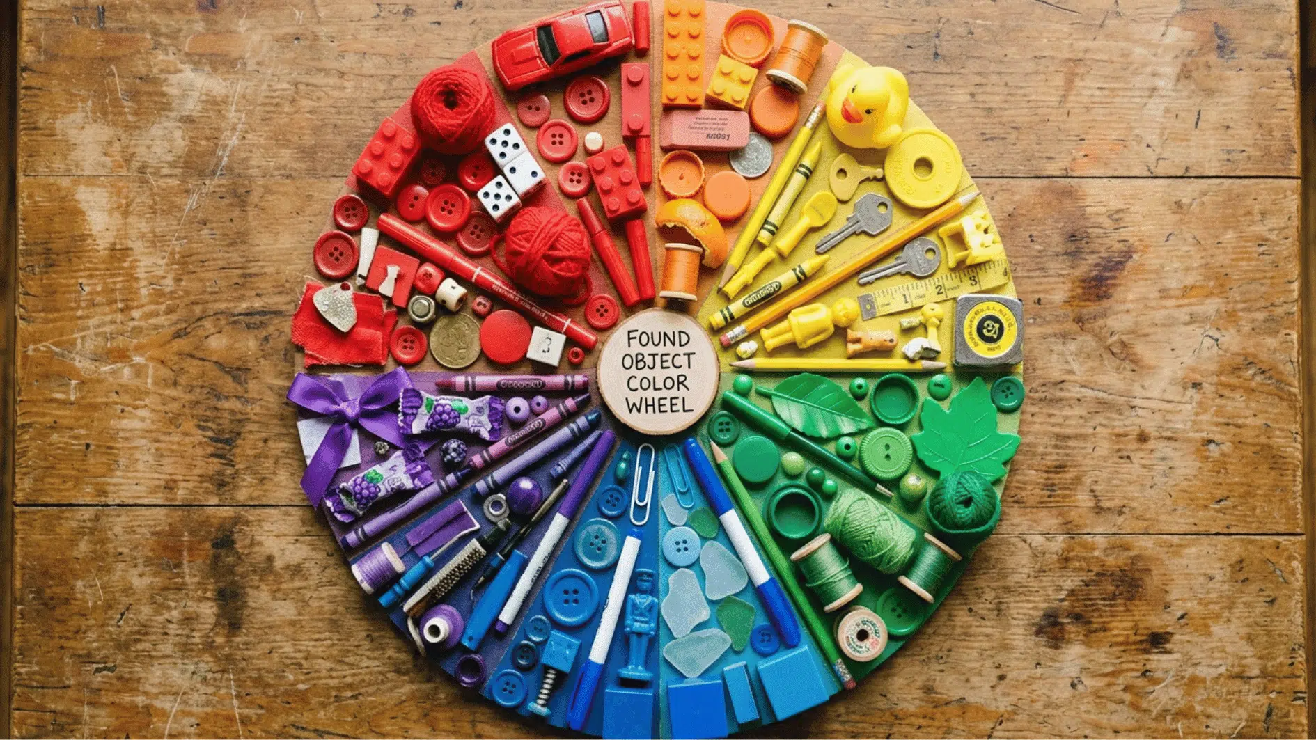 a found object color wheel made with different colorful objects