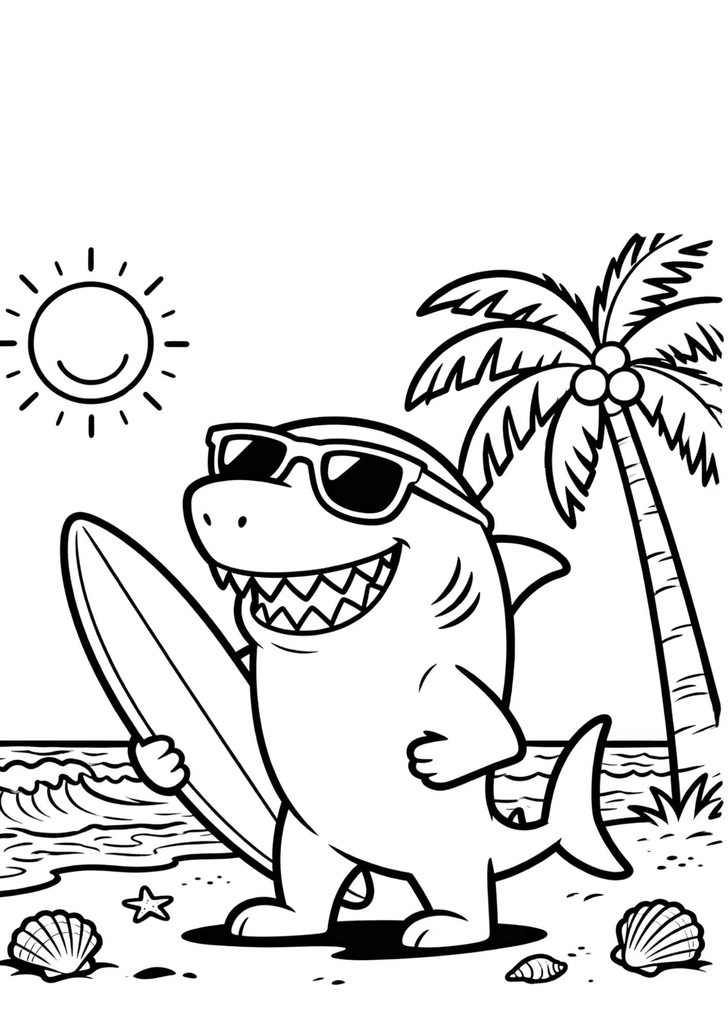 funny shark wearing sunglasses coloring page with beach surfboard and summer outline illustration
