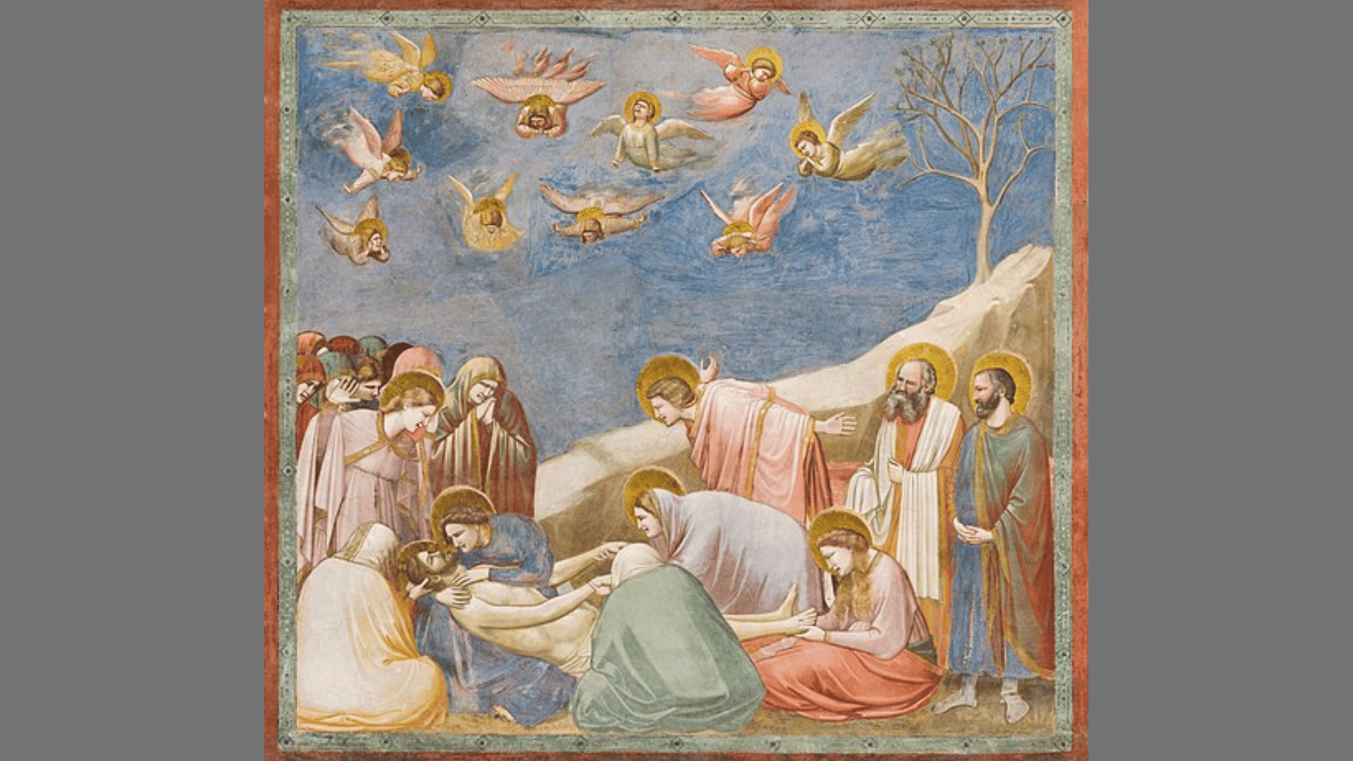Giotto's fresco painting of disciples and crying angels mourning over the dead body of Jesus Christ