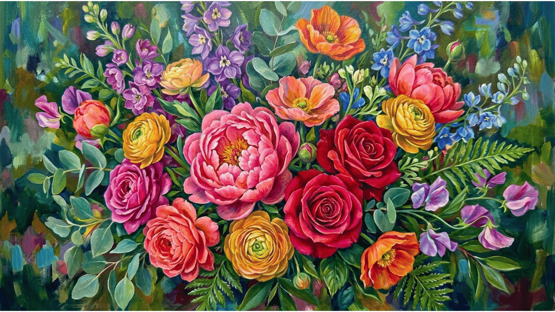 glazing acrylic painting with transparent color layers and rich floral details