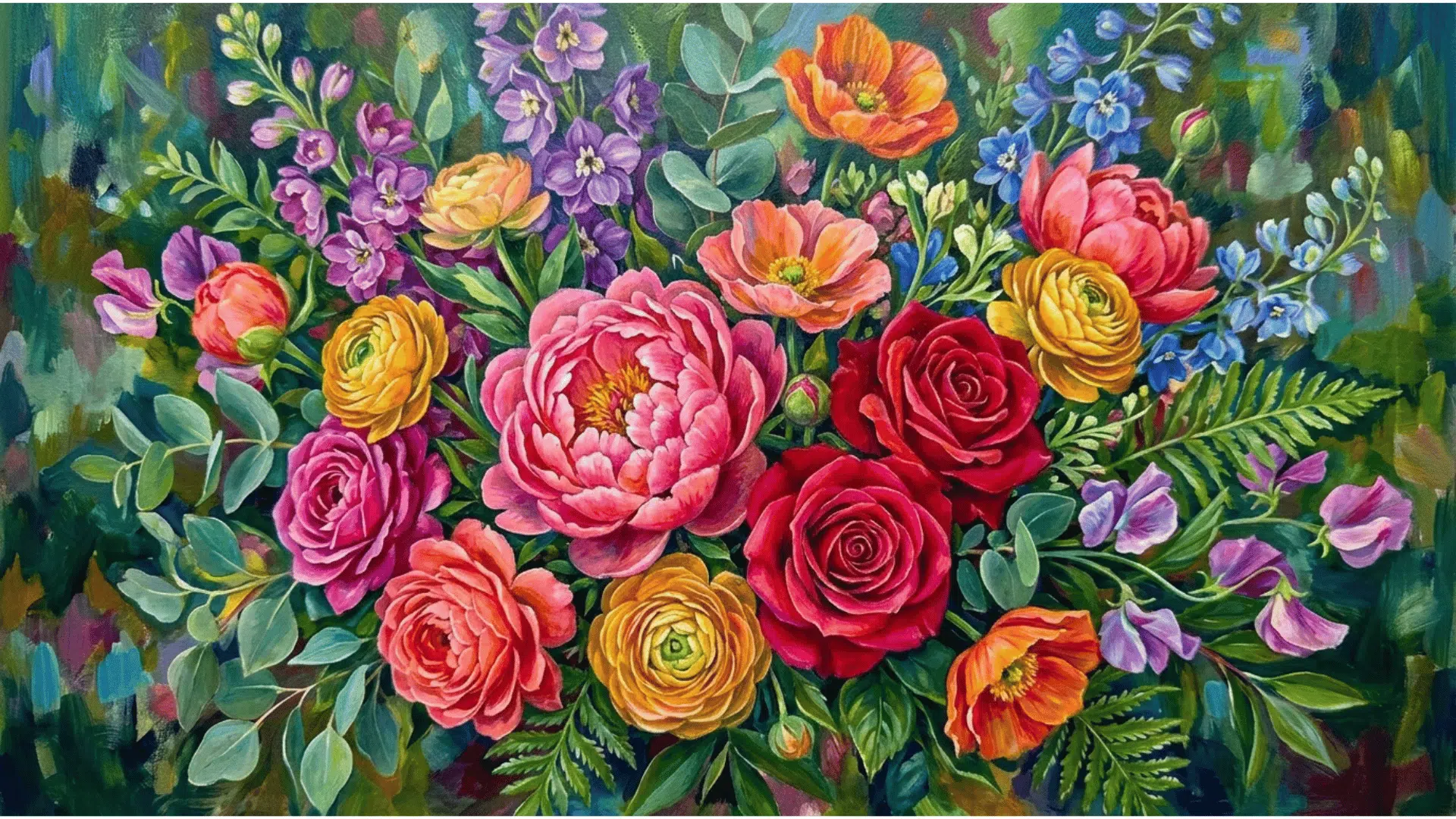 glazing acrylic painting with transparent color layers and rich floral details