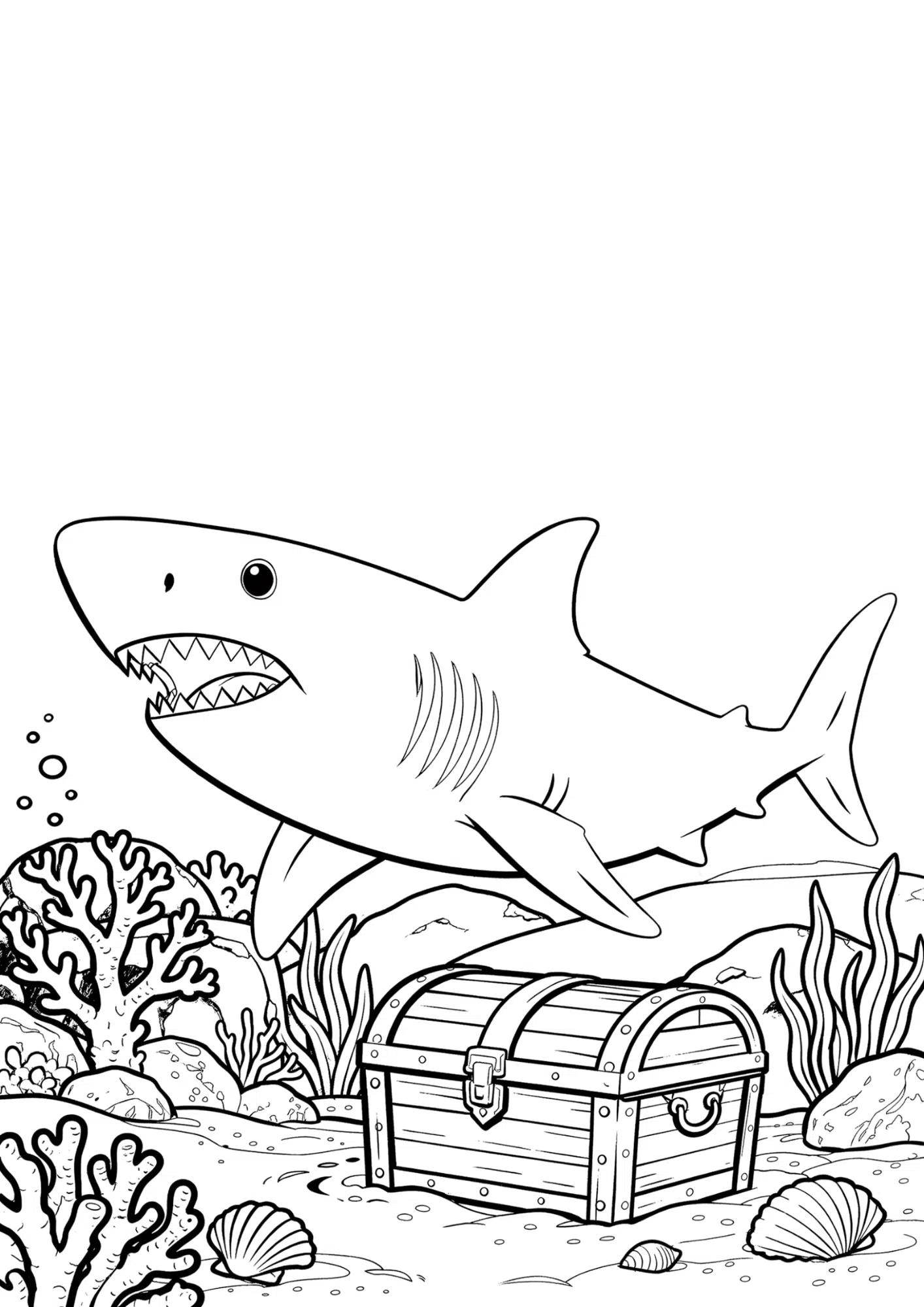 great white shark coloring page with realistic shark swimming through the ocean and simple underwater background