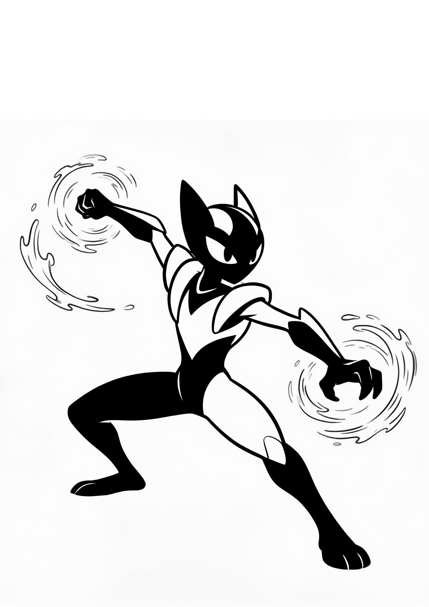 greninja coloring page printable black outline mid attack pose with water effect kids coloring sheet clean line art