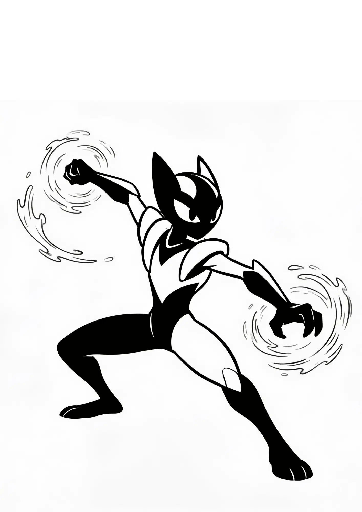 greninja coloring page printable black outline mid attack pose with water effect kids coloring sheet clean line art