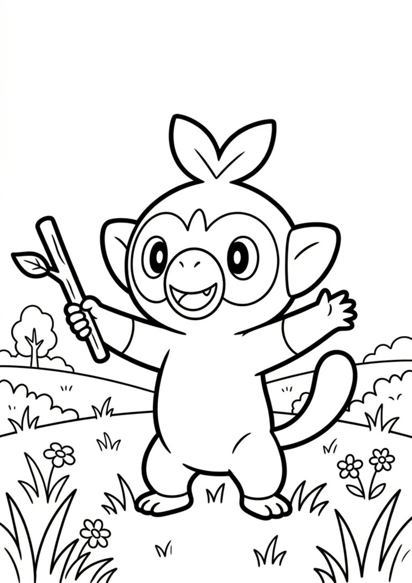 grookey coloring page printable black outline arms wide happy pose grassy field kids coloring sheet clean line art