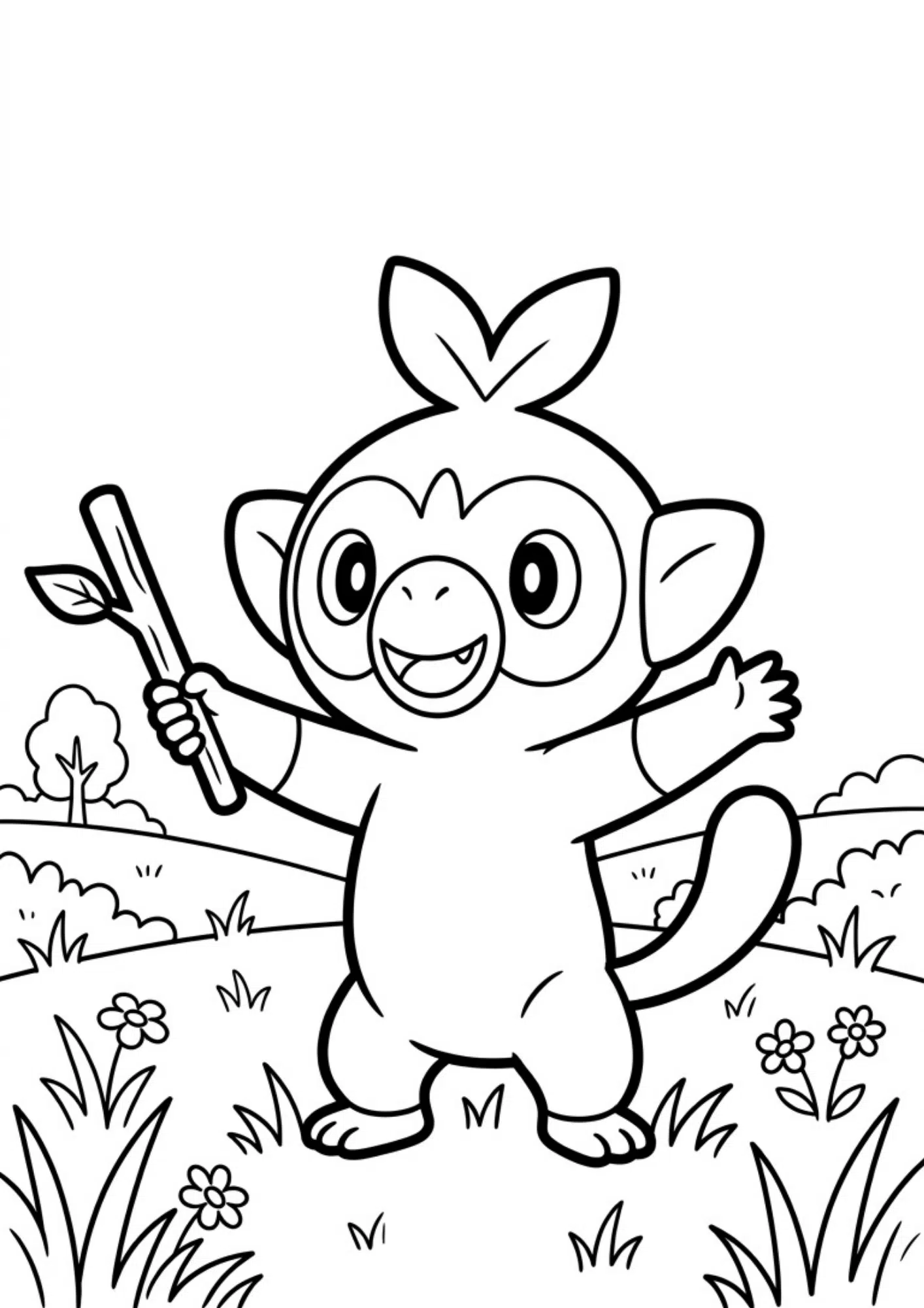 grookey coloring page printable black outline arms wide happy pose grassy field kids coloring sheet clean line art