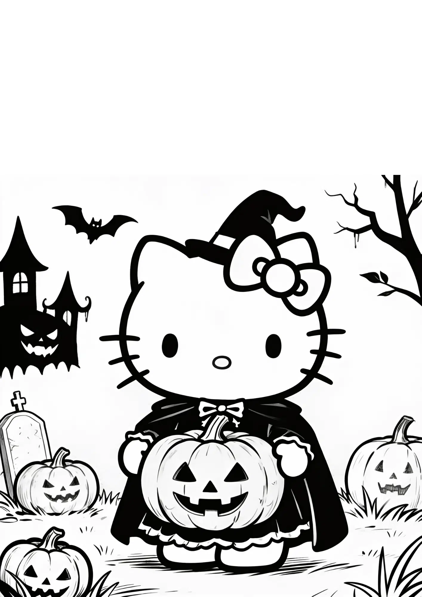 halloween costume hello kitty spooky pumpkin themed outline coloring page black white printable kids sheet