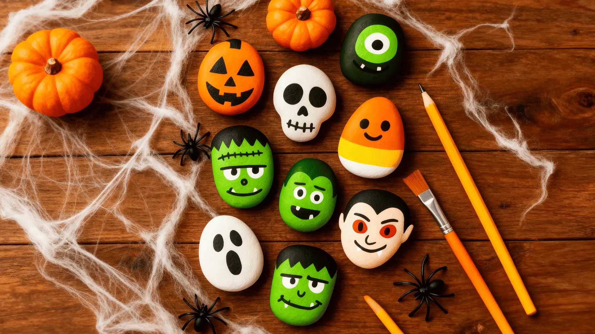 Painted Halloween rocks with pumpkins, ghosts, and monsters