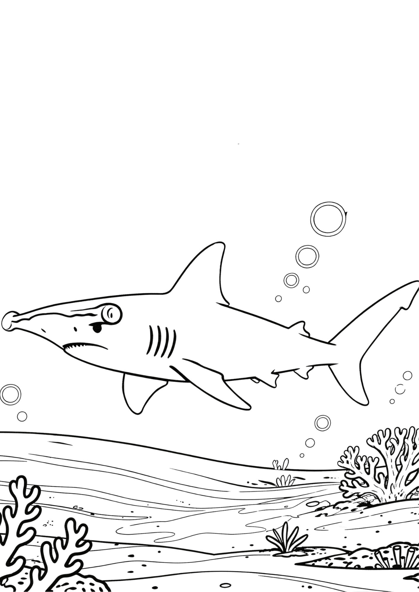 hammerhead shark coloring page with ocean plants and realistic wide head outline for kids