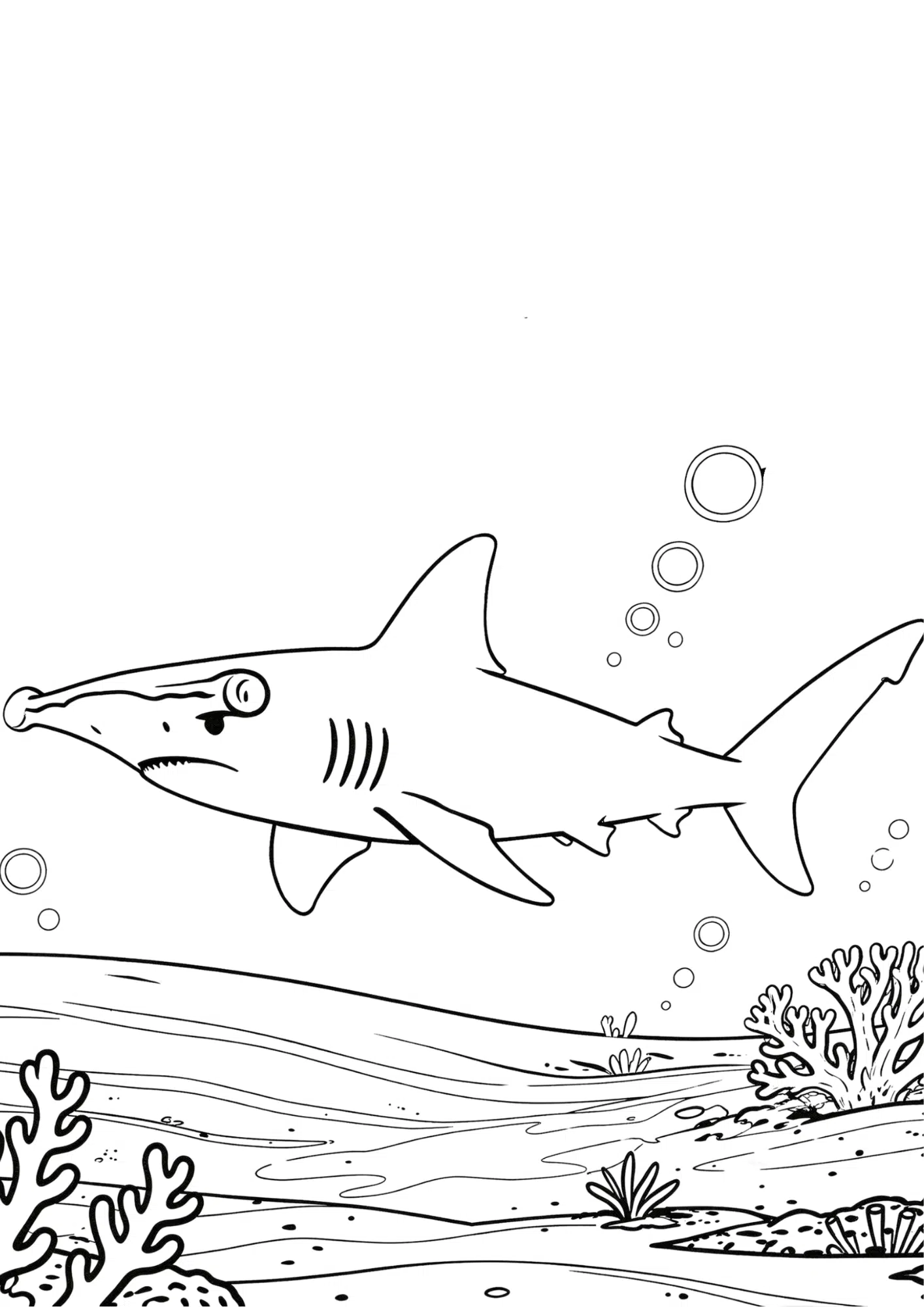 hammerhead shark coloring page with ocean plants and realistic wide head outline for kids