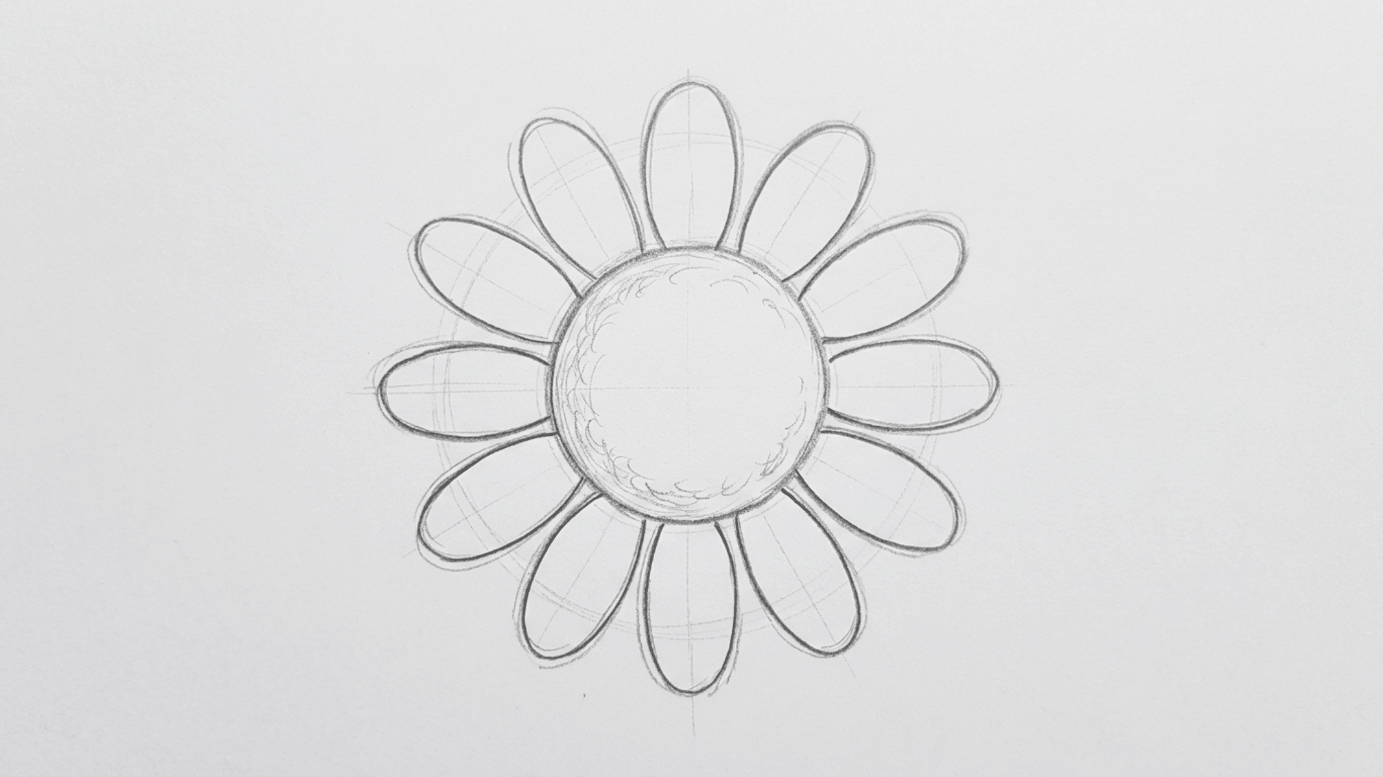 sunflower sketch showing a central circle surrounded by evenly spaced rounded petals in pencil