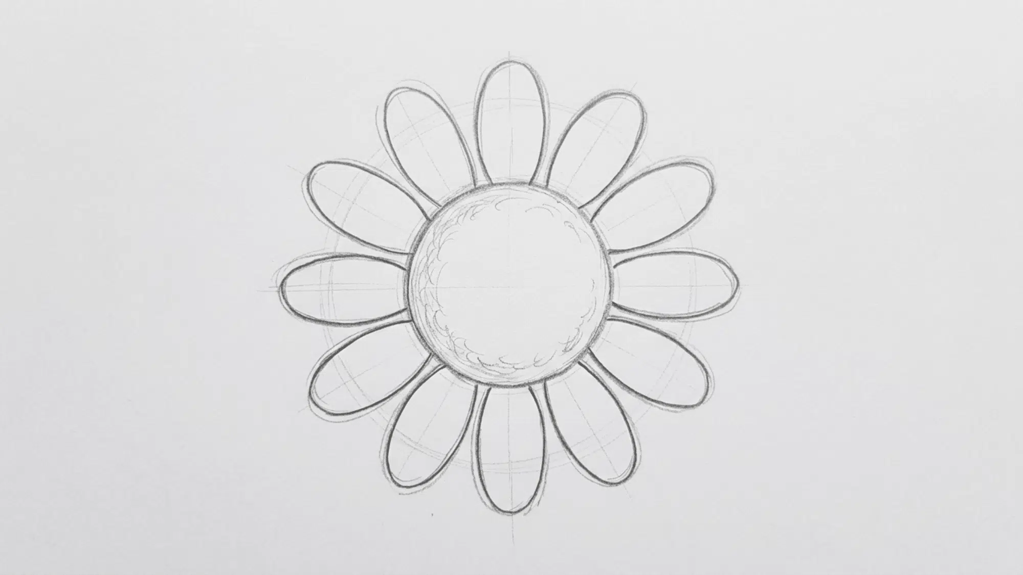 sunflower sketch showing a central circle surrounded by evenly spaced rounded petals in pencil