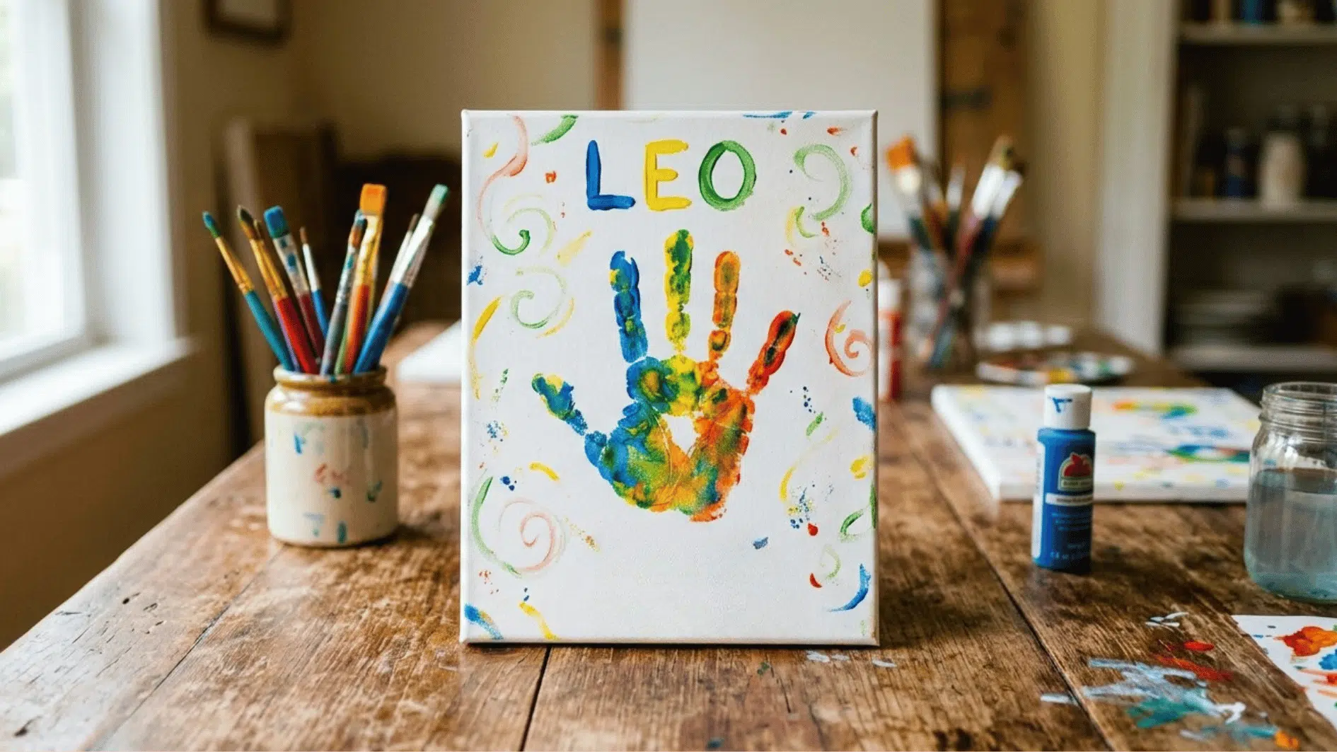 handprint canvas art made with colorful painted hands by kids, a meaningful simple craft to do at home
