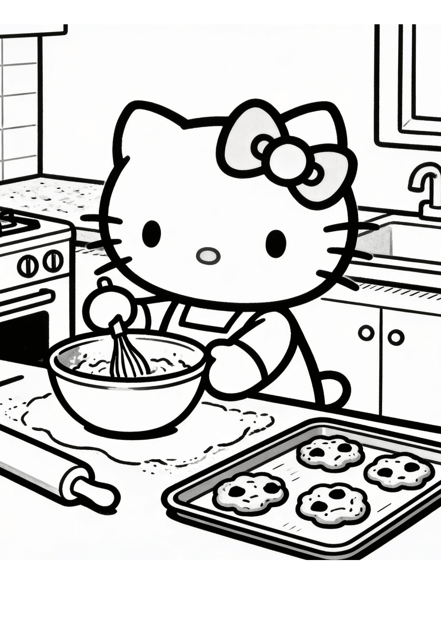 baking cookies kitchen scene hello kitty cooking outline coloring page black white printable kids sheet