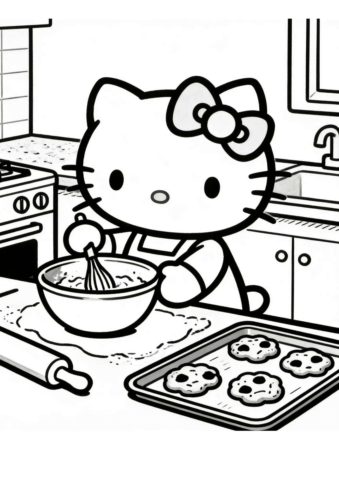 baking cookies kitchen scene hello kitty cooking outline coloring page black white printable kids sheet