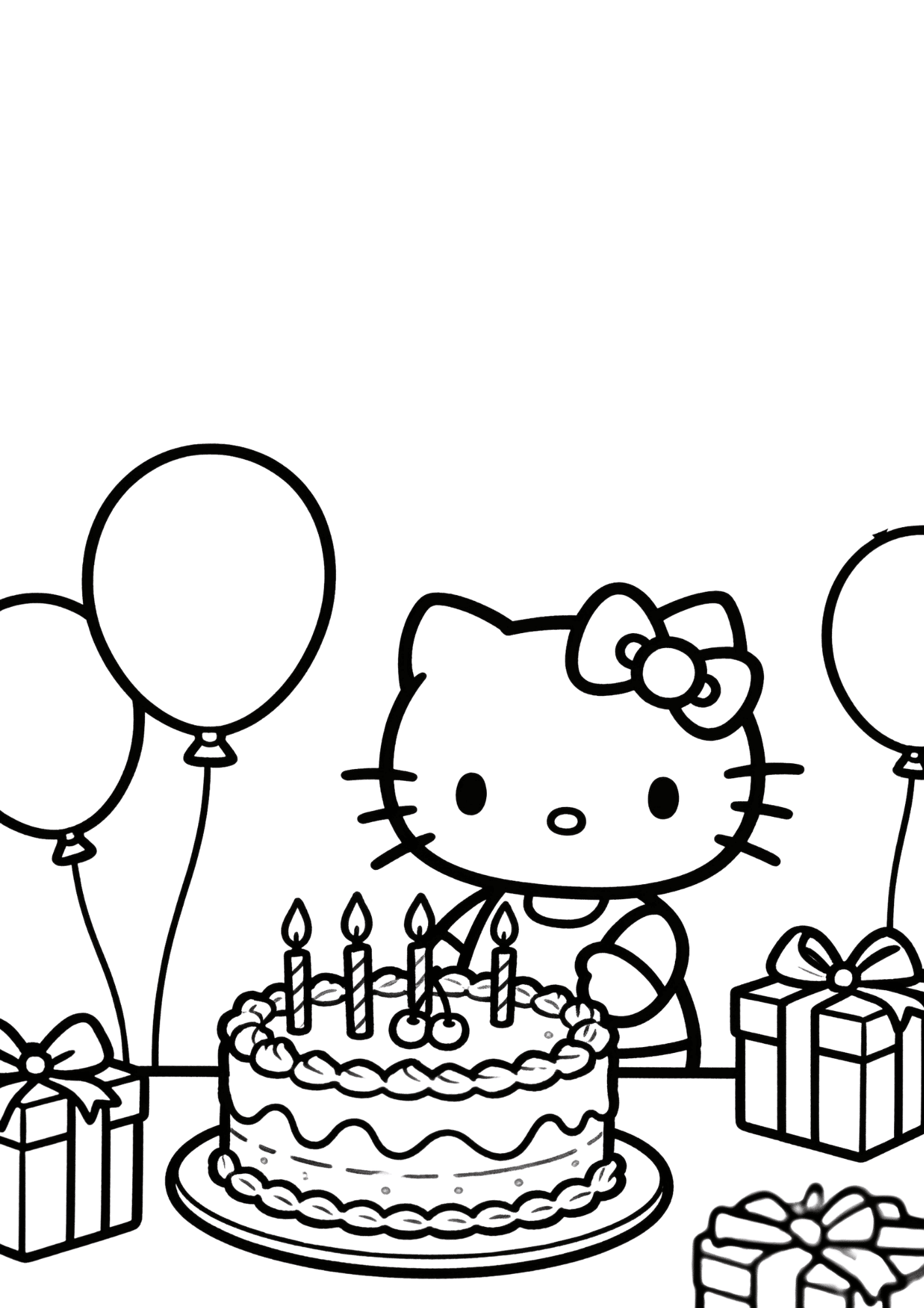 birthday party hello kitty cake balloons celebration outline coloring page black white printable kids sheet