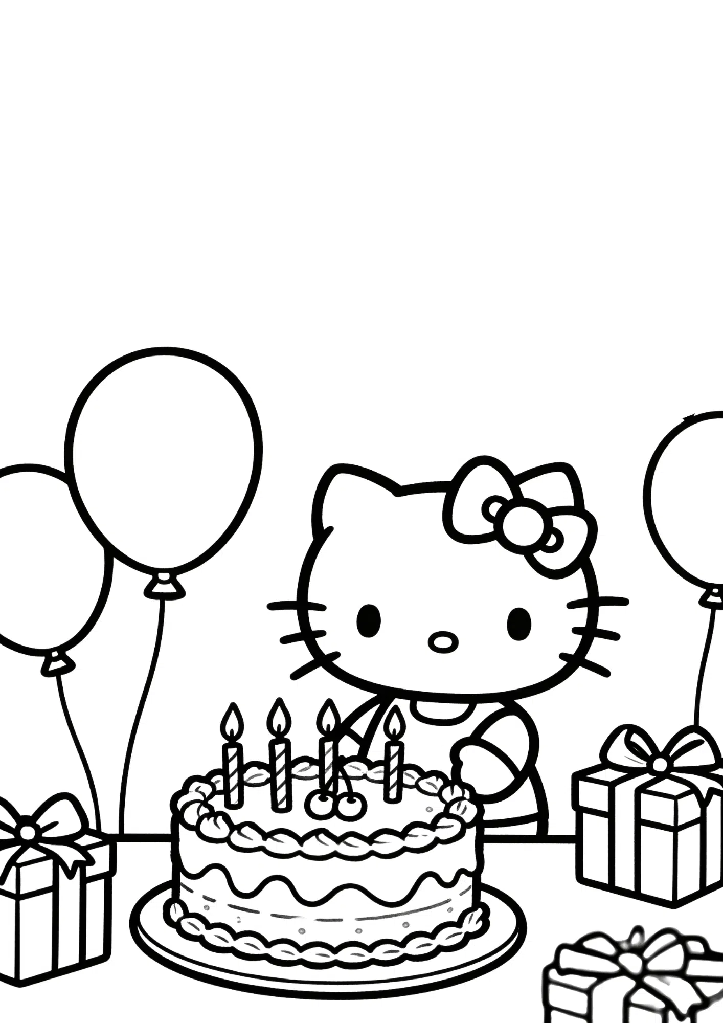 birthday party hello kitty cake balloons celebration outline coloring page black white printable kids sheet