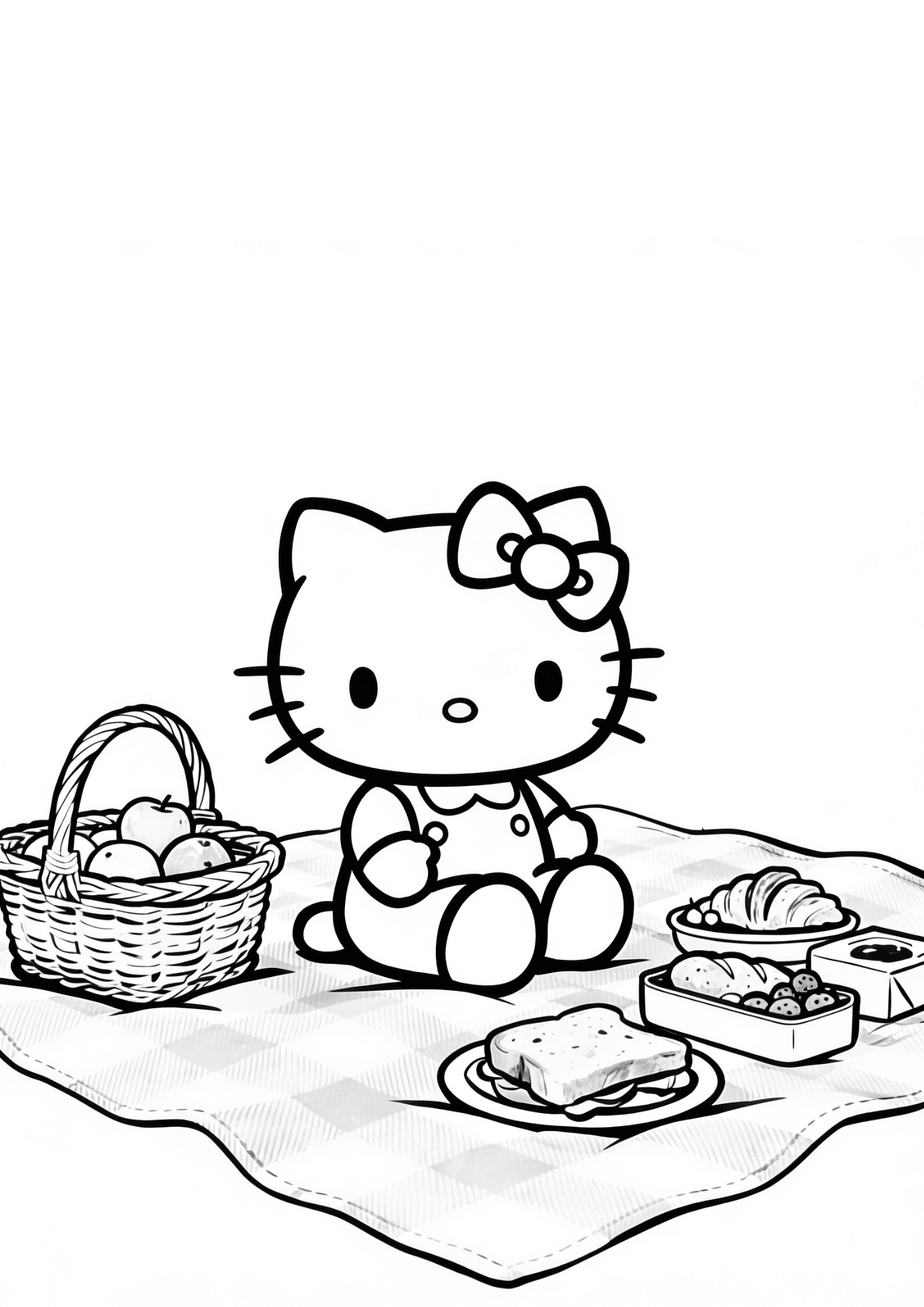 picnic scene hello kitty basket blanket food outline coloring page black white printable kids outdoor sheet