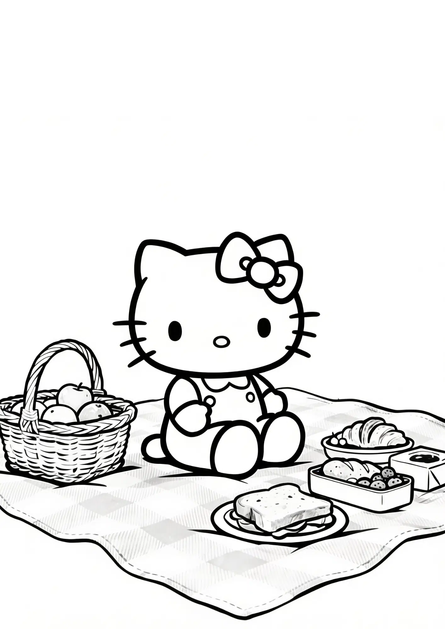 picnic scene hello kitty basket blanket food outline coloring page black white printable kids outdoor sheet
