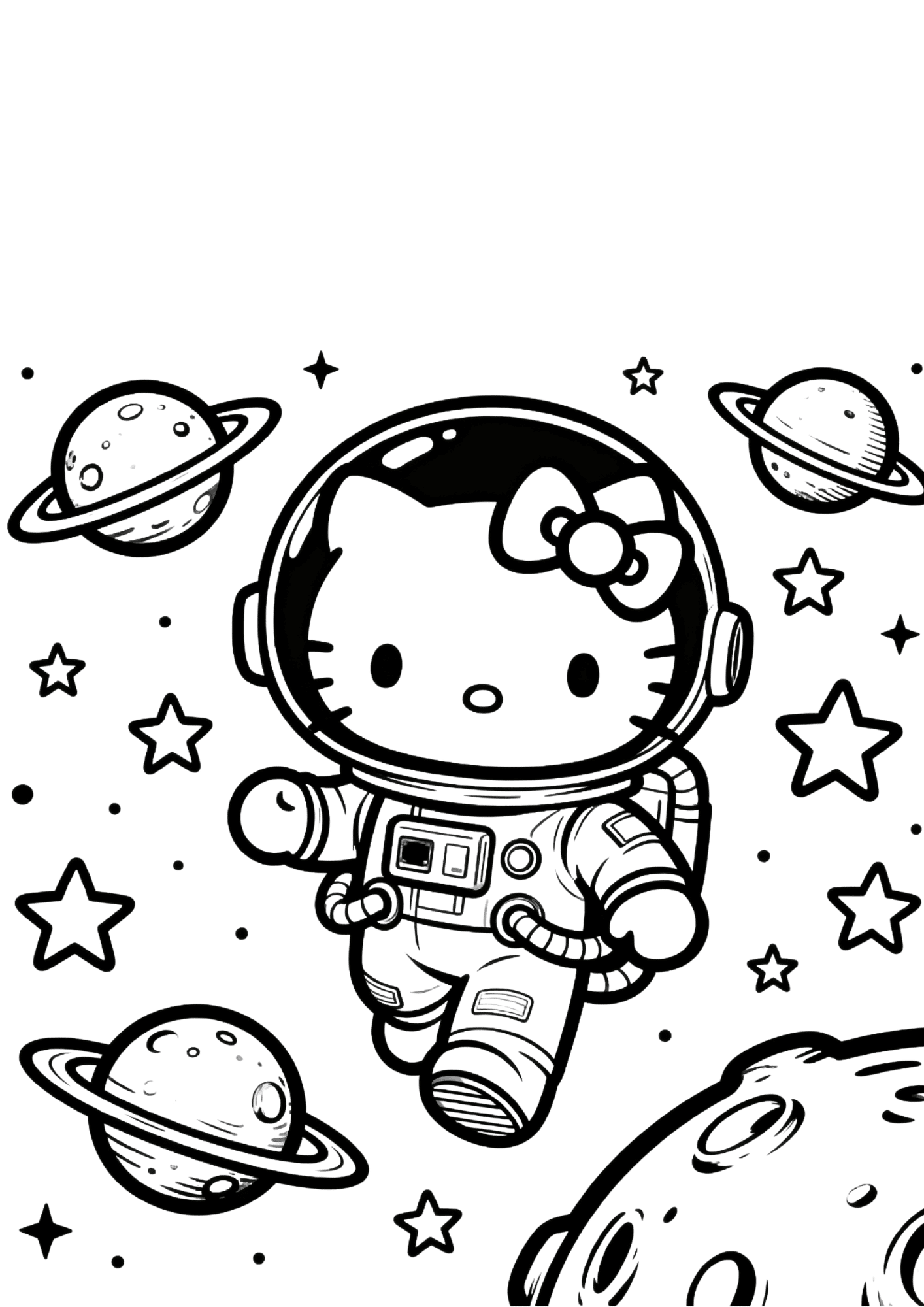 space adventure hello kitty astronaut stars planets outline coloring page black white printable kids sci fi sheet