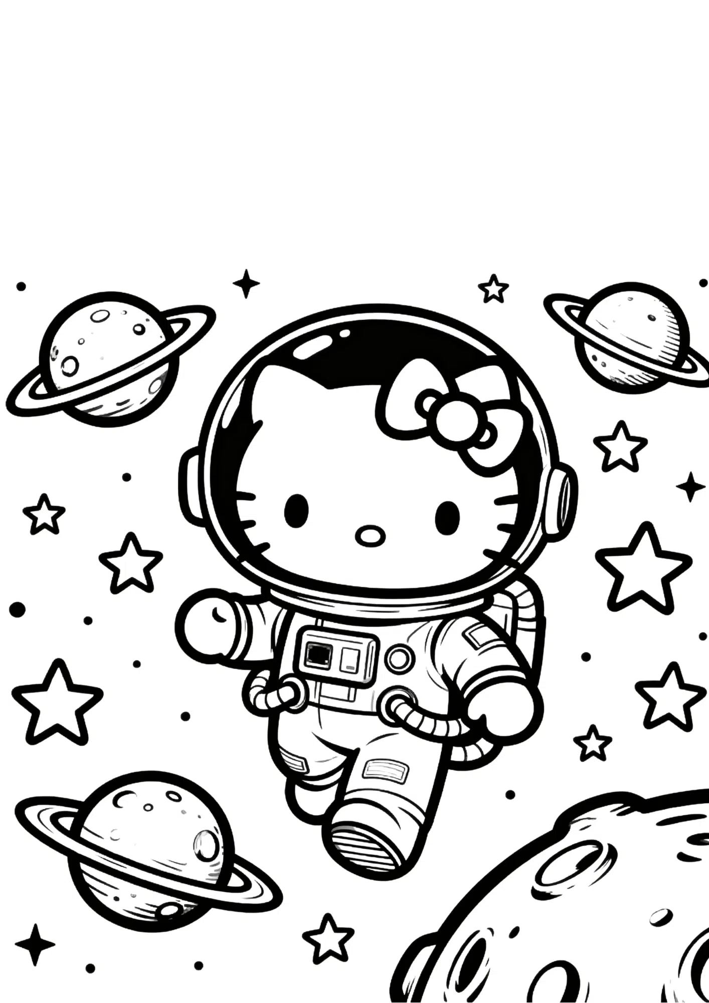 space adventure hello kitty astronaut stars planets outline coloring page black white printable kids sci fi sheet