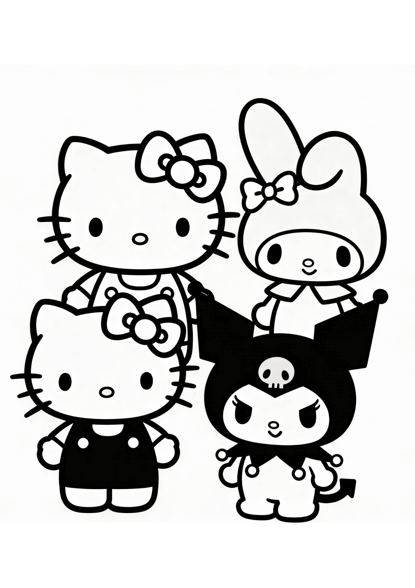 friends group scene hello kitty and friends friendship outline coloring page black white printable kids sheet