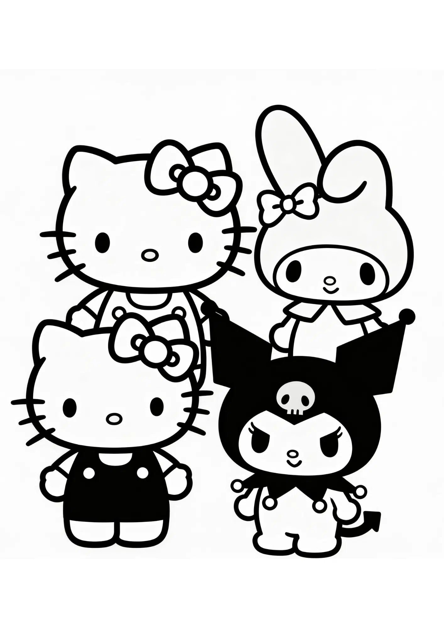 friends group scene hello kitty and friends friendship outline coloring page black white printable kids sheet