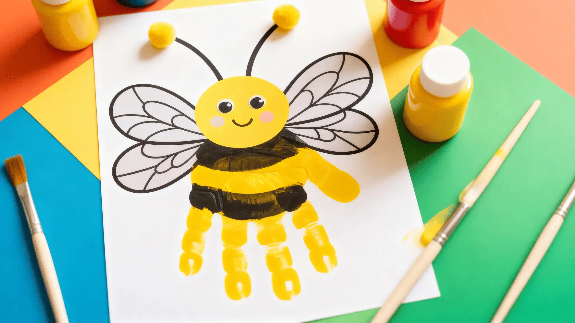 handprint honeybee with yellow and black paint on paper