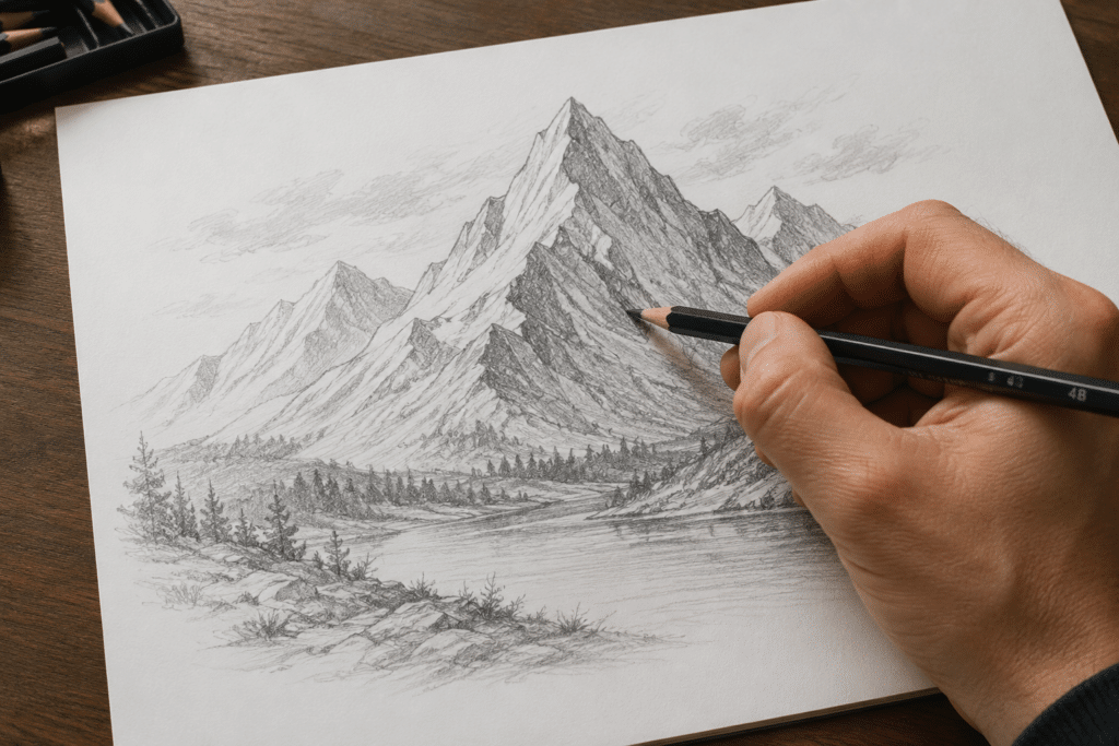 a person shading a mountain sketch by 4hb pencil on paper