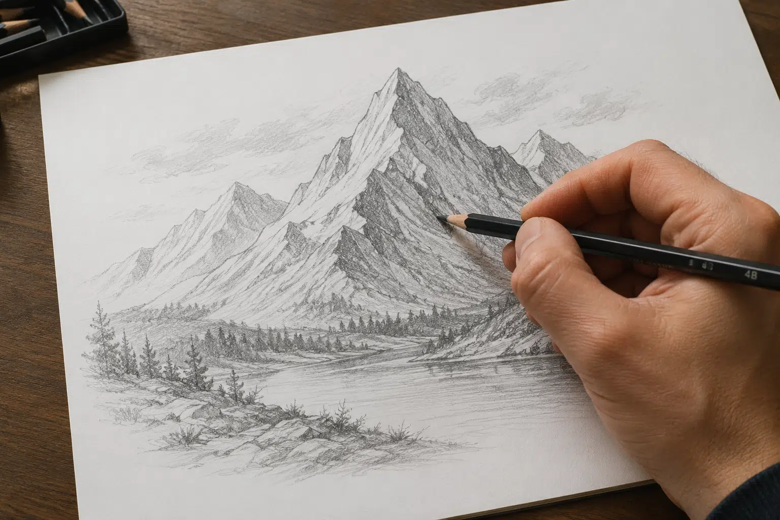 a person shading a mountain sketch by 4hb pencil on paper