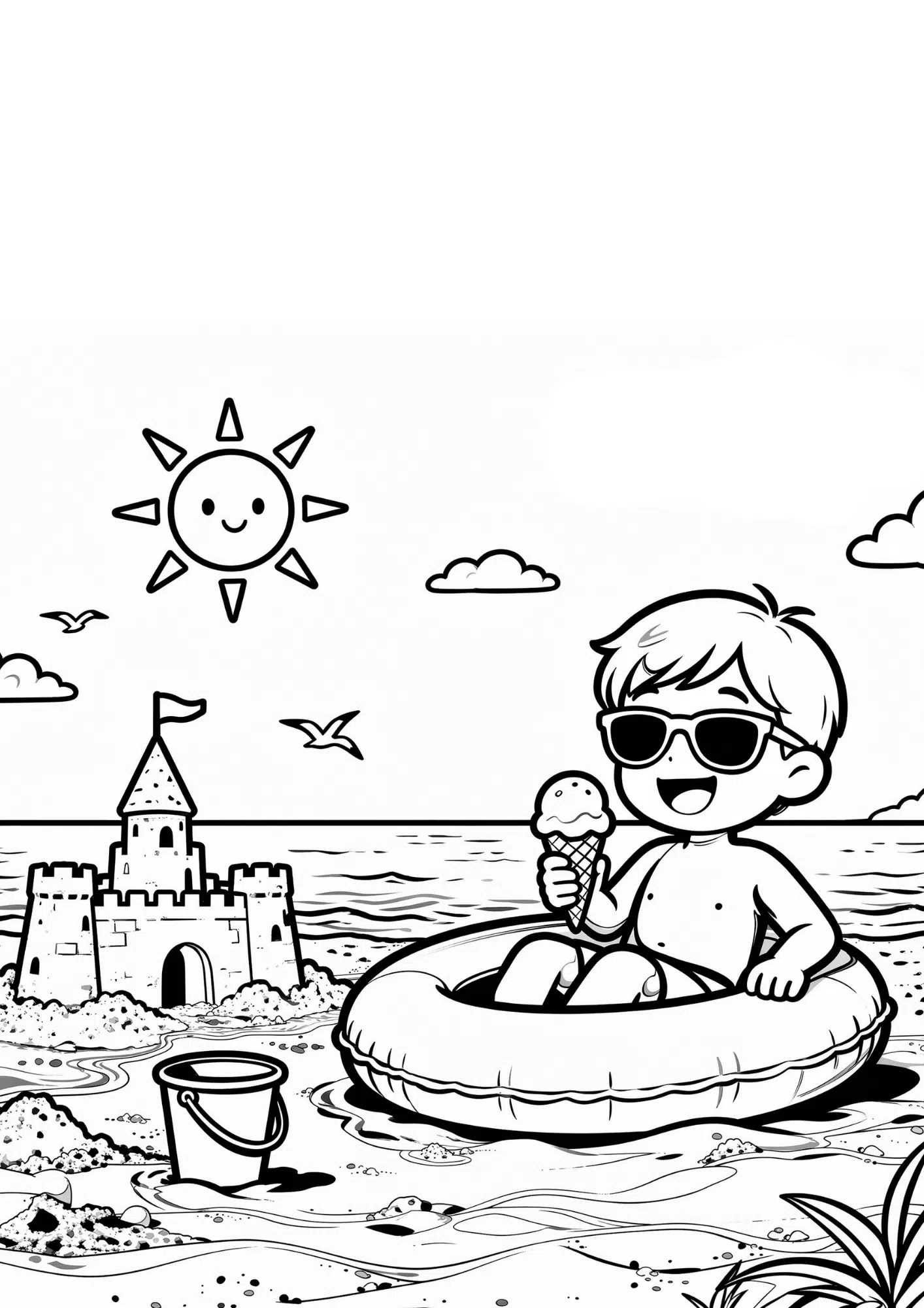 kid in sunglasses on beach float ring eating ice cream summer scene black outline coloring page for kids