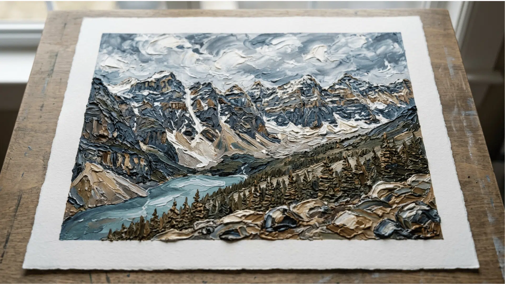 impasto acrylic painting with thick textured paint strokes on a mountain landscape