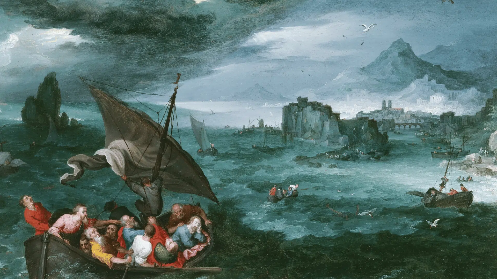 Jan Brueghel's painting of Christ in a storm at sea, showing a small boat tossed by large, dark waves