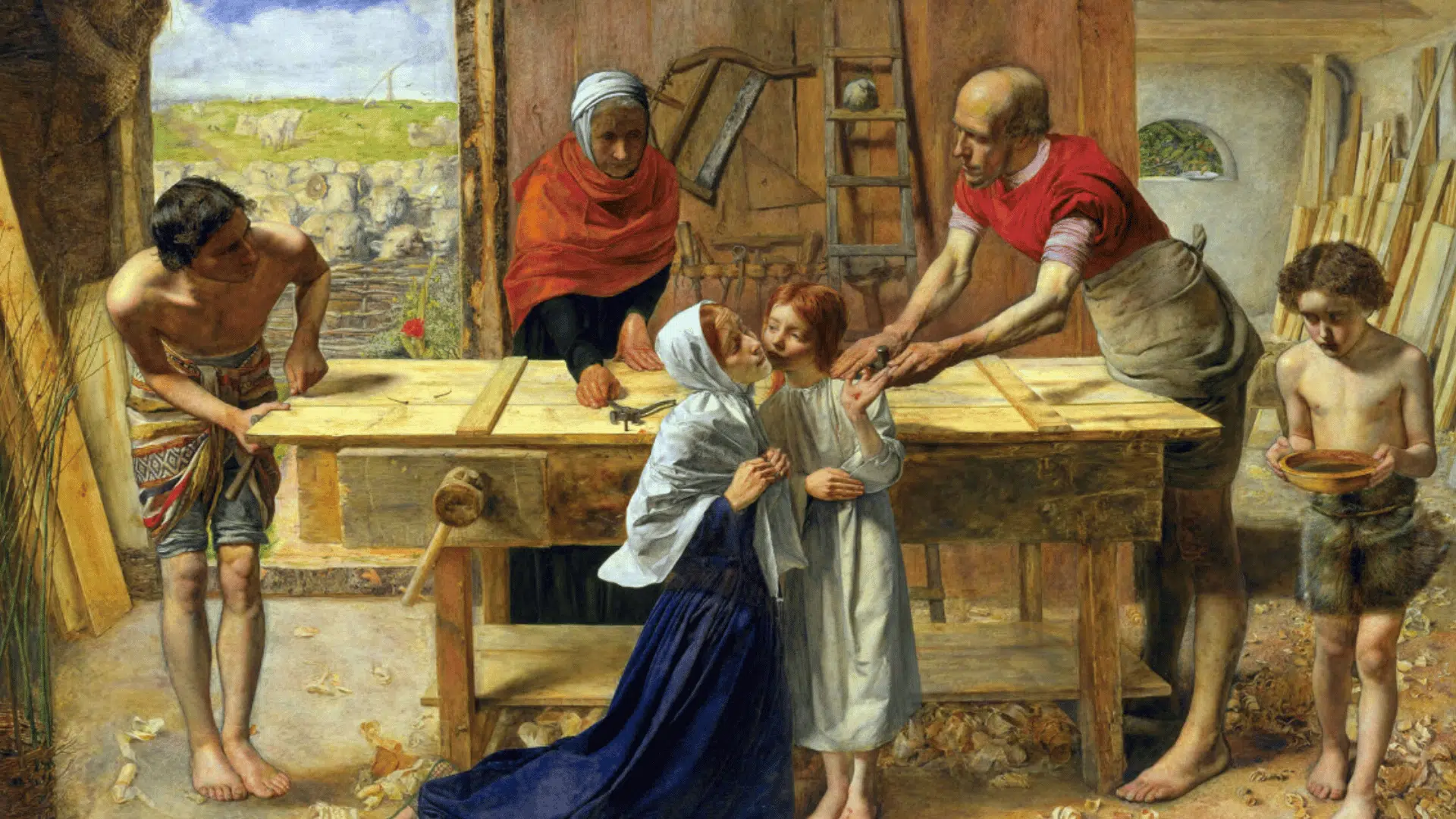 John Everett Millais's Christ in the House of His Parents, depicting a young Jesus in a carpenter's shop