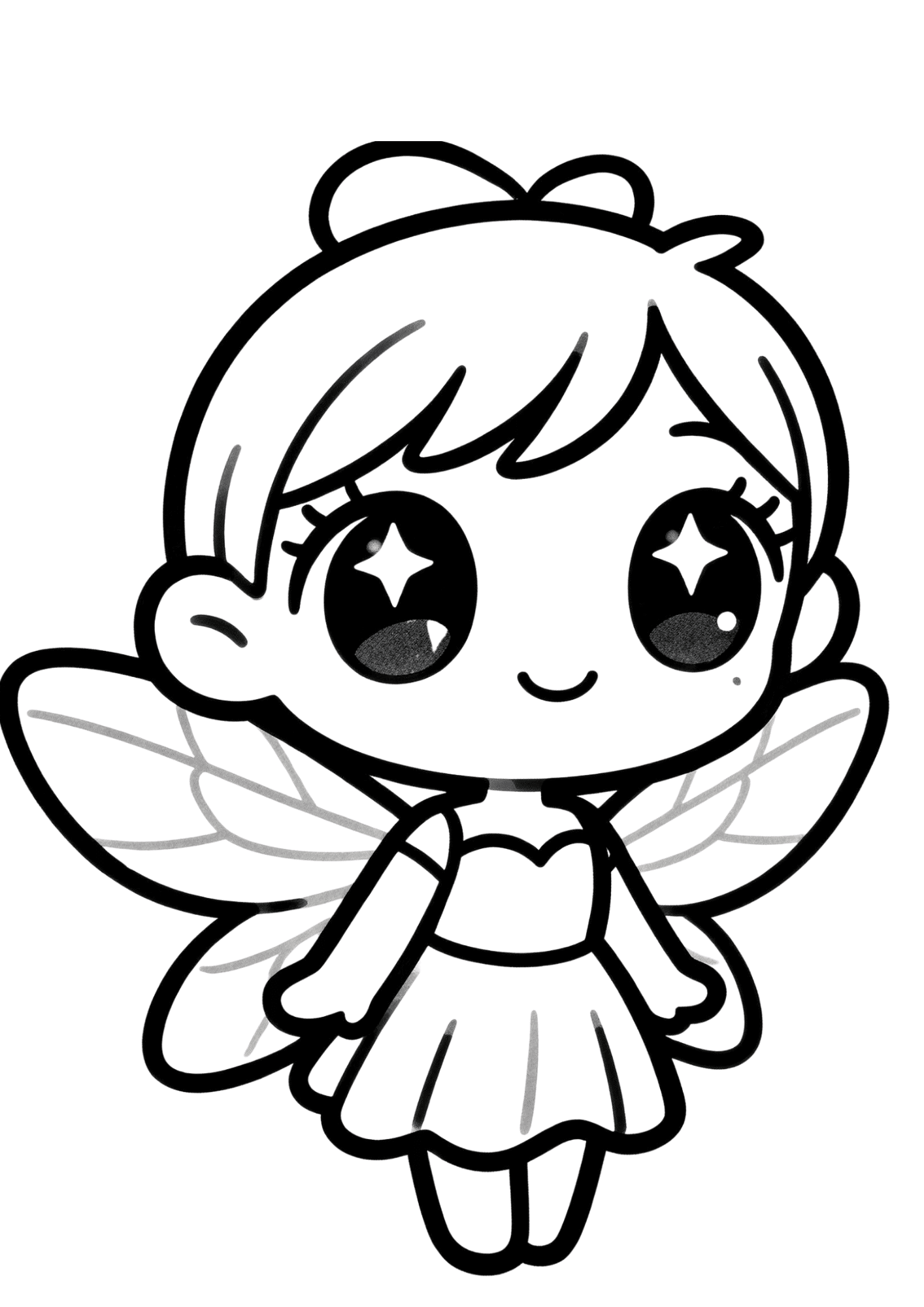 kawaii fairy coloring page with big sparkling eyes and cute wings in bold outline coloring book line art for children