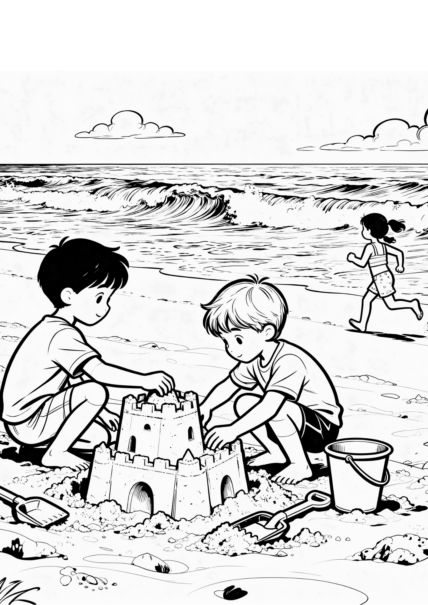 kids playing on sandy beach building sandcastles black outline coloring page fun beach activity