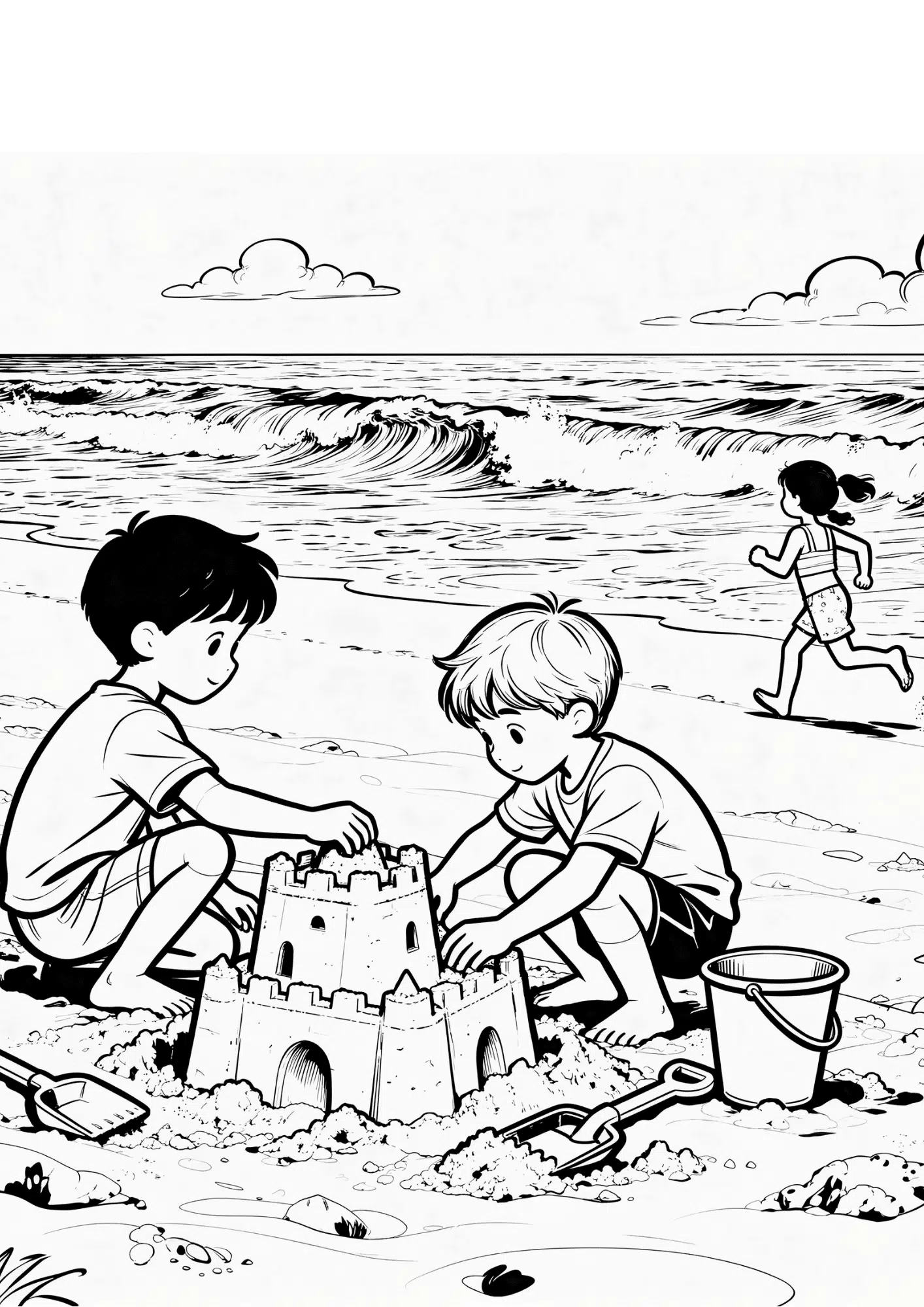 kids playing on sandy beach building sandcastles black outline coloring page fun beach activity