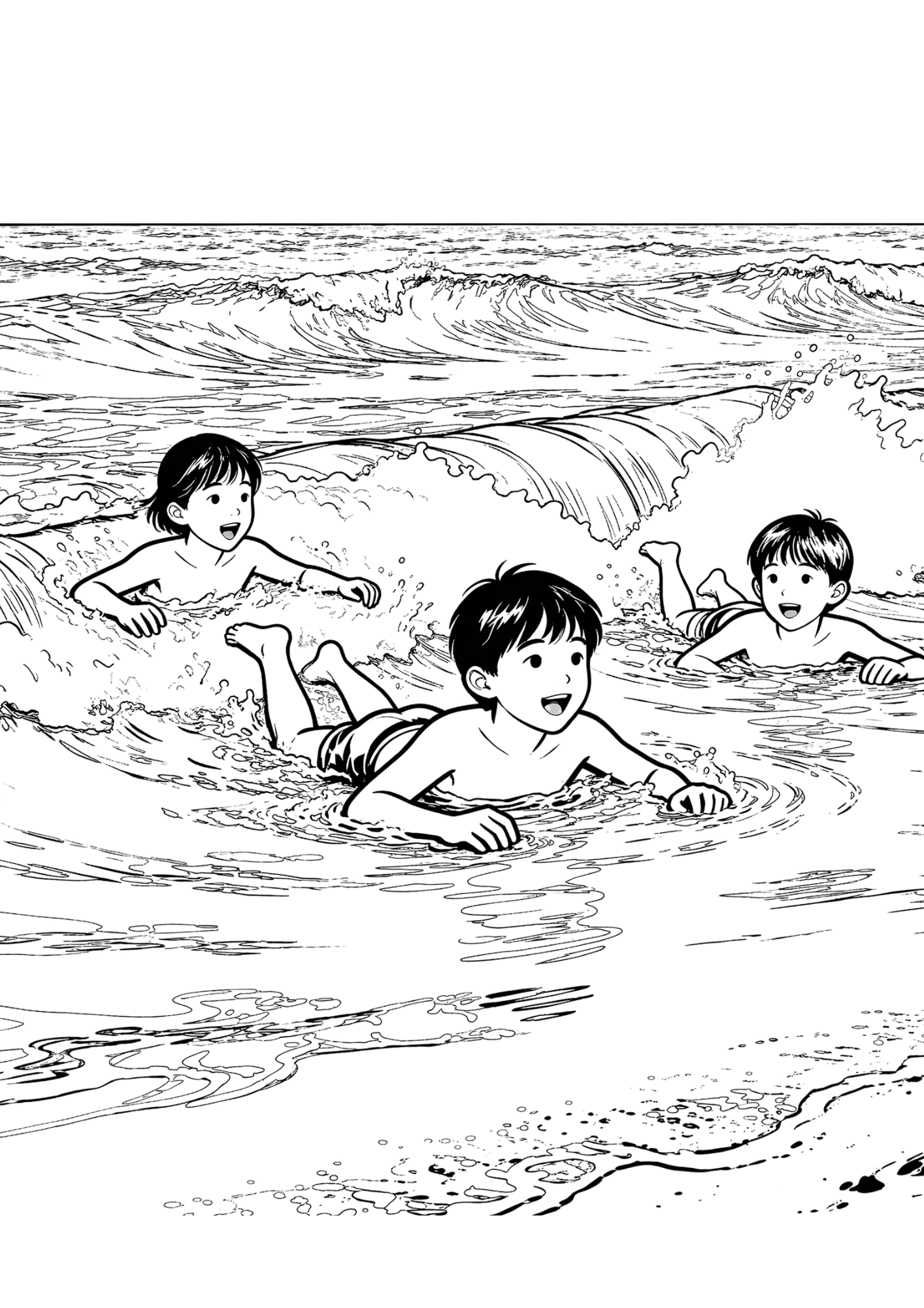 kids swimming in ocean waves black outline coloring page fun beach activity scene