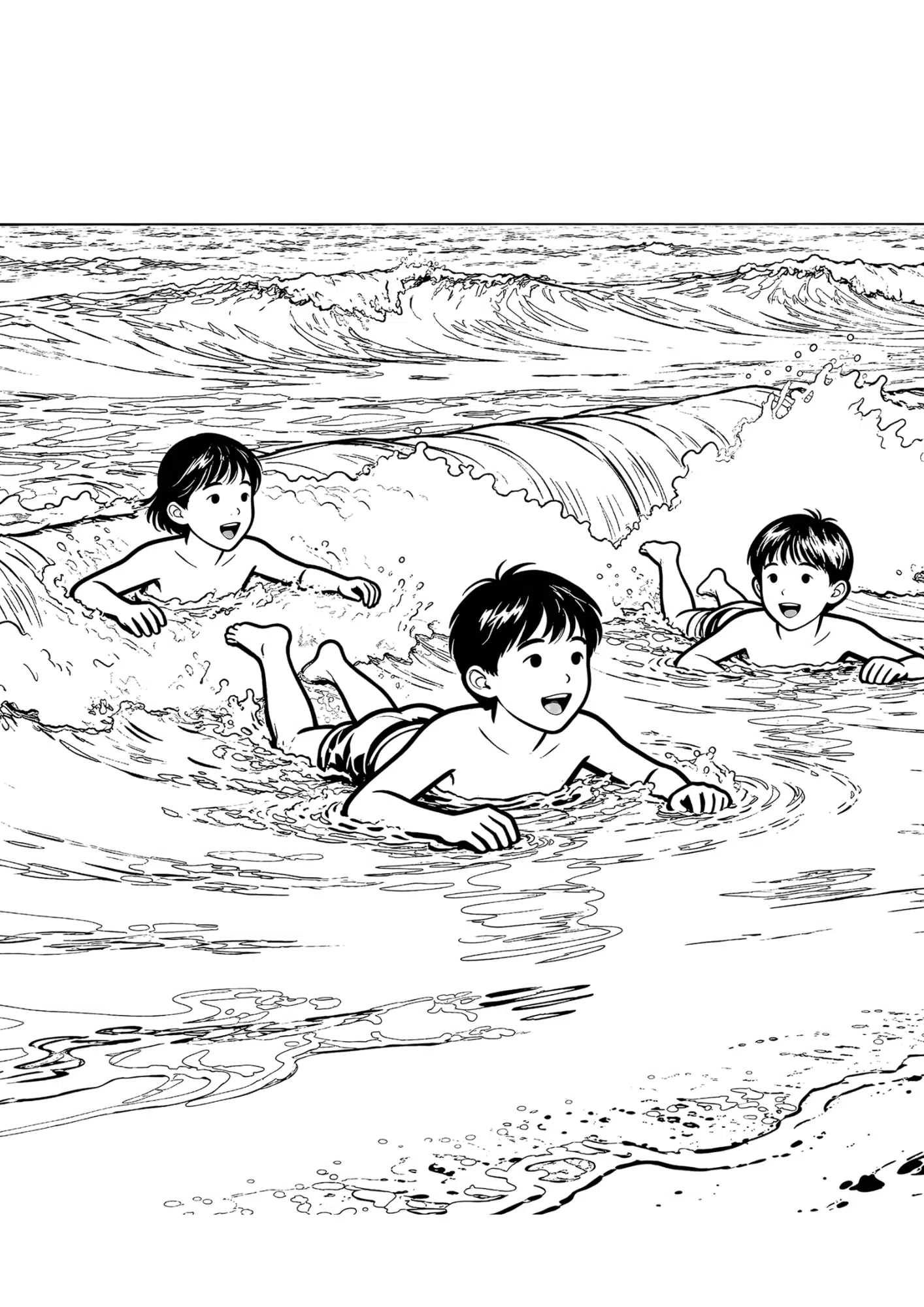 kids swimming in ocean waves black outline coloring page fun beach activity scene