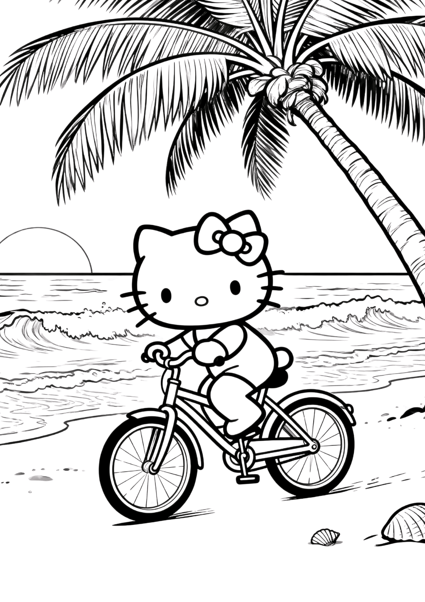 hello kitty riding bicycle beach scene palm tree ocean sunset seashells black white outline coloring page kids